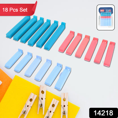 Wukusy Ritu 18-piece plastic pouch sealer clip set displayed with multiple colorful clips for sealing food pouches