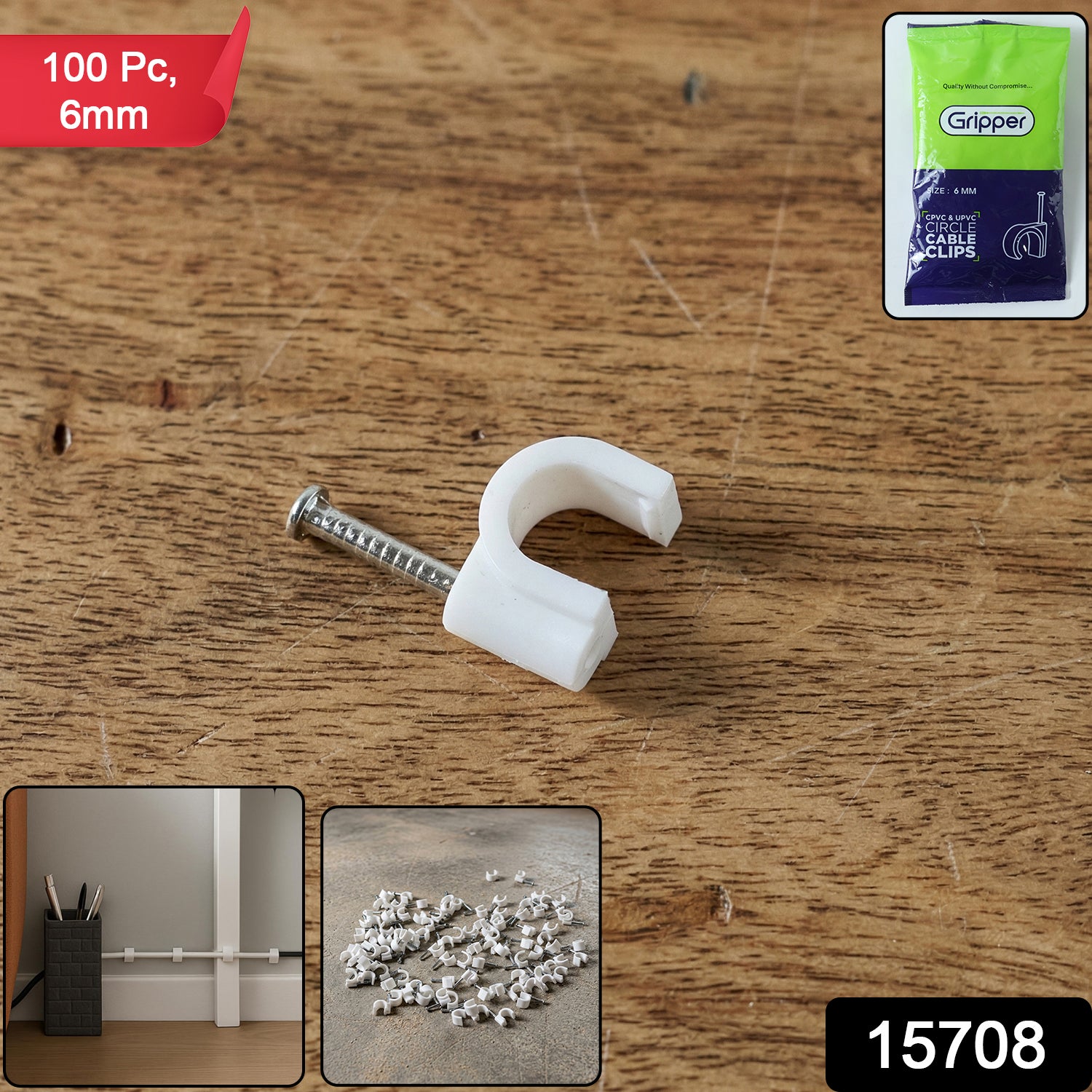 Set of 100 Wukusy premium cable management nail clips for 6mm wires, ideal for organized wire and cable routing.