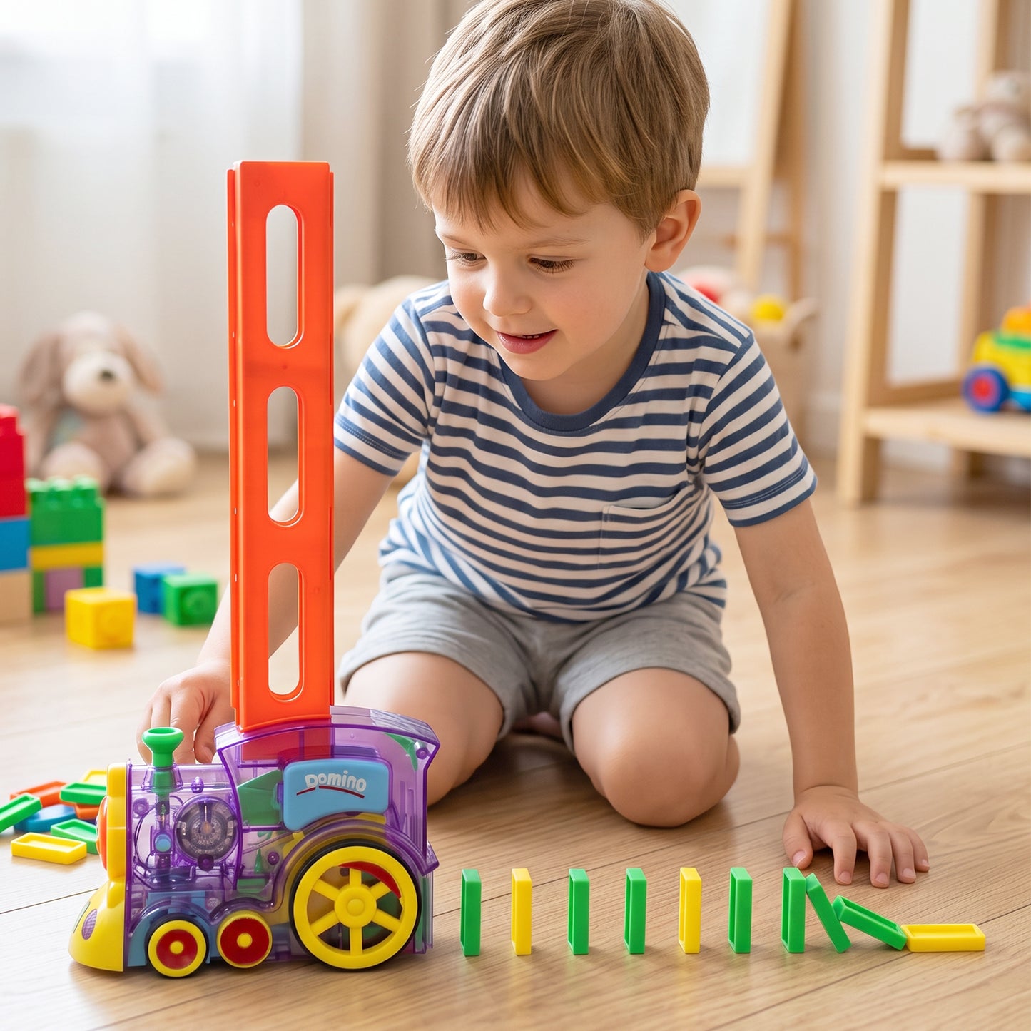 Wukusy automatic domino laying train engine toy with lights and music for kids, featuring colorful train with moving parts and sound effects.