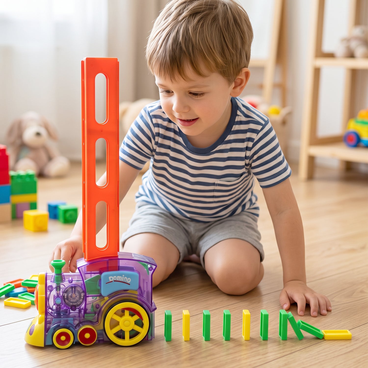 Wukusy automatic domino laying train engine toy with lights and music for kids, featuring colorful train with moving parts and sound effects.