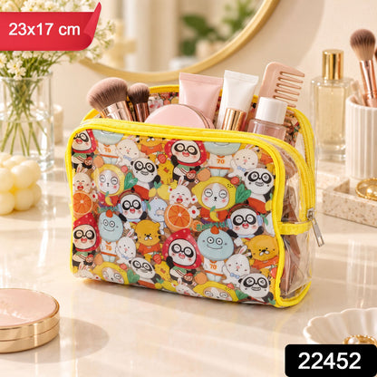 Wukusy multipurpose PVC cosmetic pouch with cartoon print and zip sections for travel storage and organization.