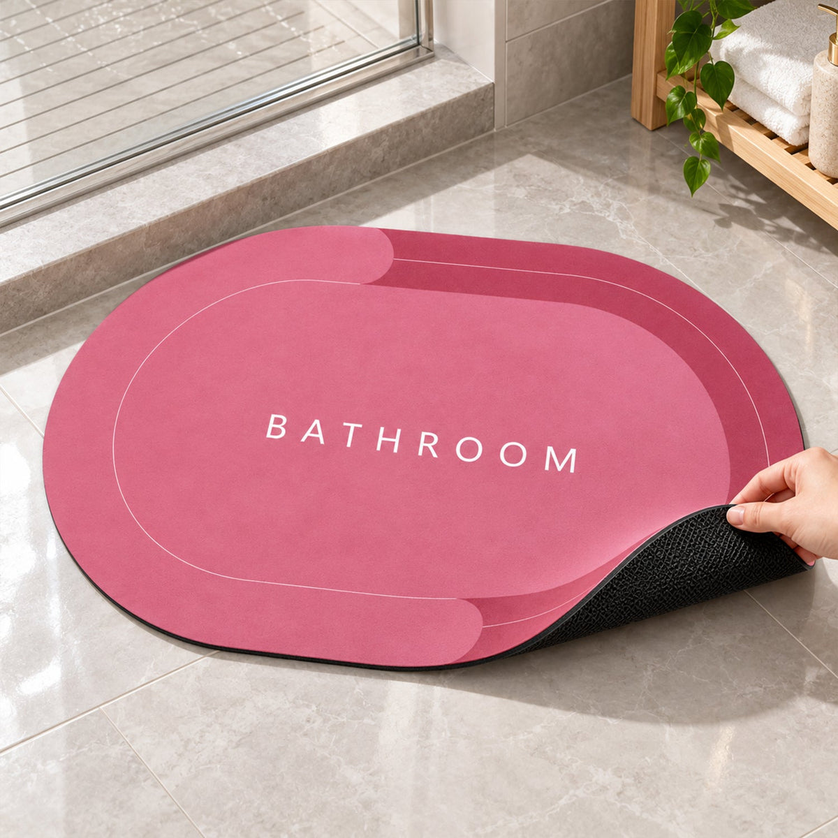 Two-tone oval bathroom rug by Wukusy with water-absorbing, anti-skid backing, measuring 58.5x39 cm for safety and comfort.