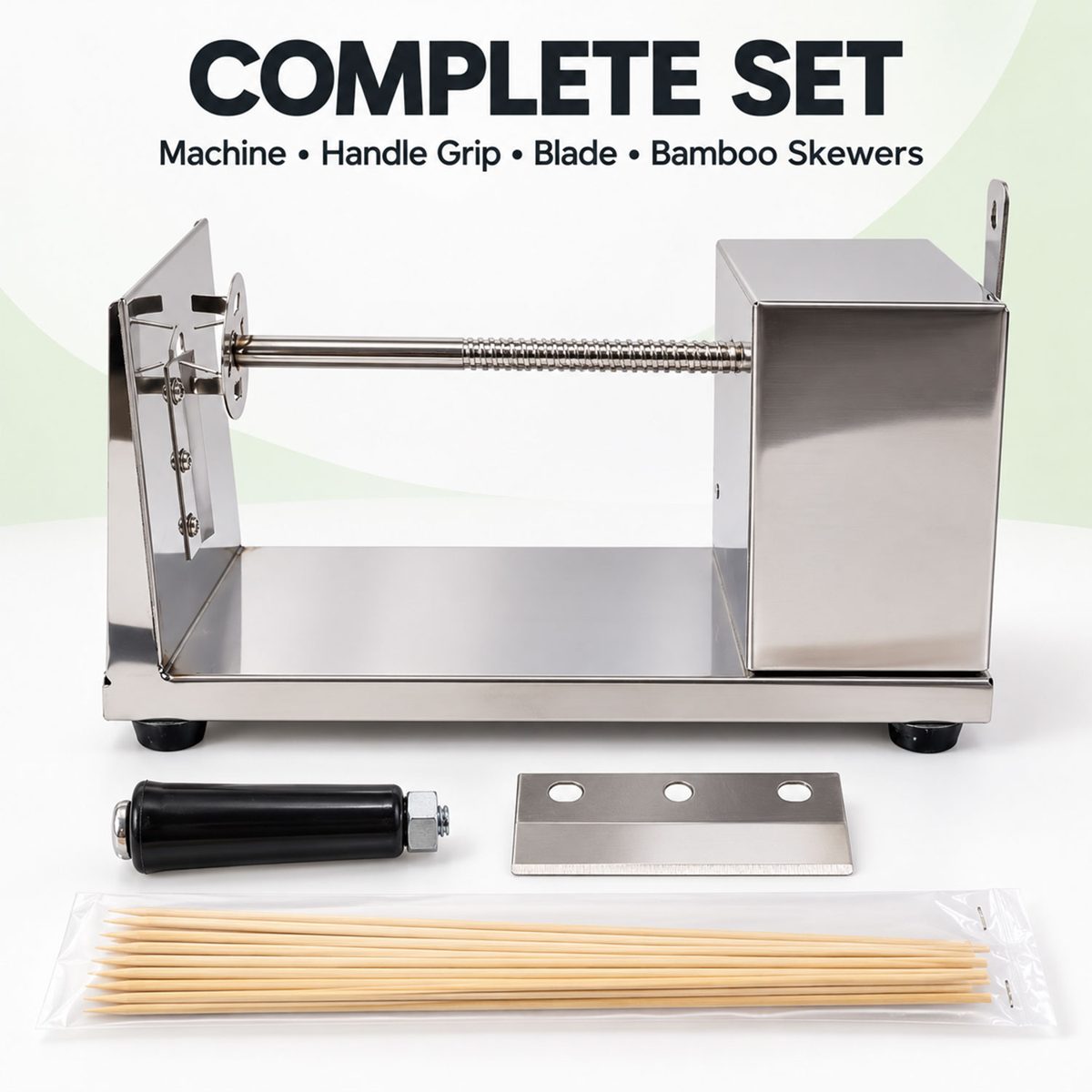 Wukusy manual steel potato spiral cutter with crank handle and skewers, one-piece kitchen tool