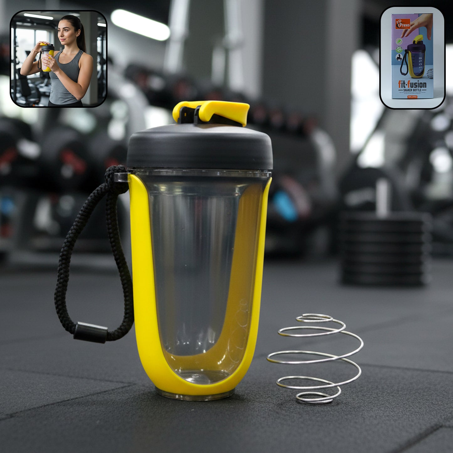 Wukusy Prexo Fit-fusion shaker bottle, 700ml capacity, with leak-proof lid and mixing ball for protein shakes and smoothies.