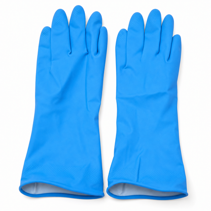 Pair of Wukusy medium Victor blue rubber cleaning gloves for kitchen dishwashing, reusable and durable for household chores