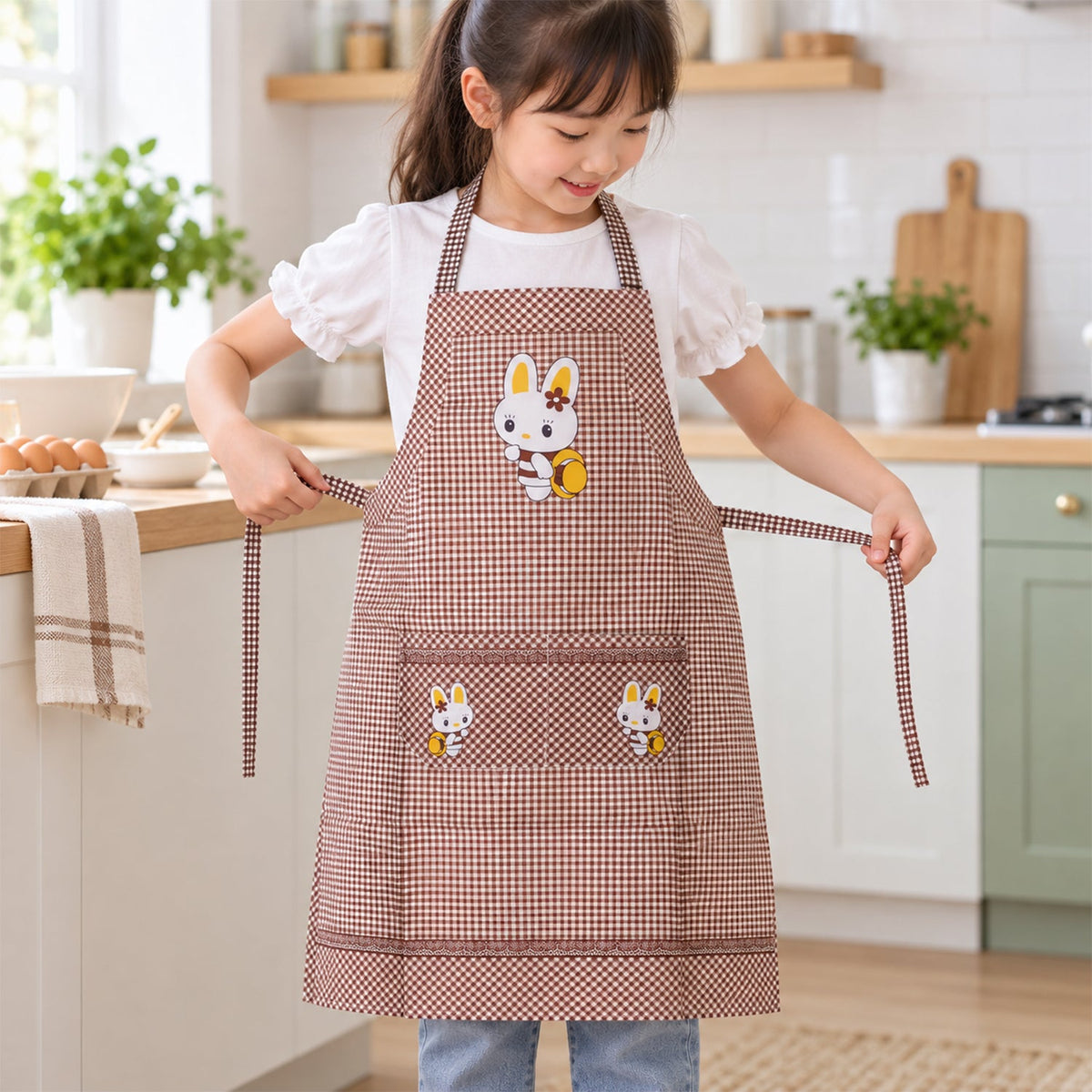 Kids cartoon kitchen cooking apron by Wukusy with front pockets, featuring colorful cartoon designs, 71x57 cm for children.