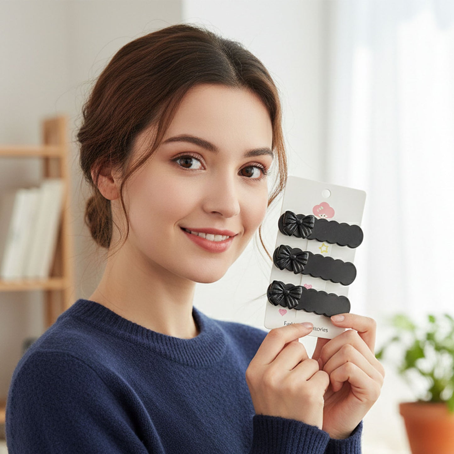 Three elegant black bow decorative hair clips by Wukusy, featuring shiny satin finish and classic design for stylish hair accessories.