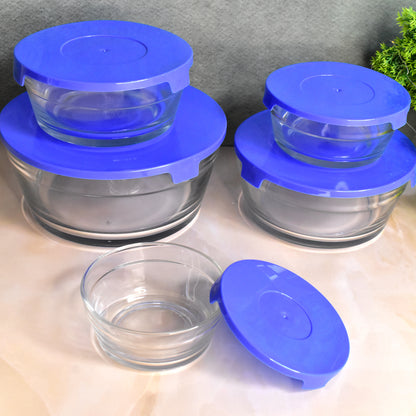 Set of five modern glass mixing and storage bowls with lids by Wukusy, clear glass, suitable for kitchen use.