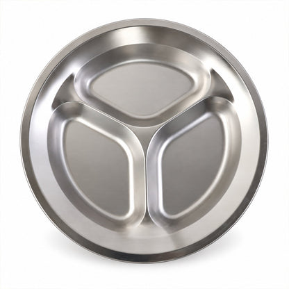 Wukusy stainless steel 3-compartment plate for meals and snacks, 25.5x25.5 cm, with three sections for serving food.