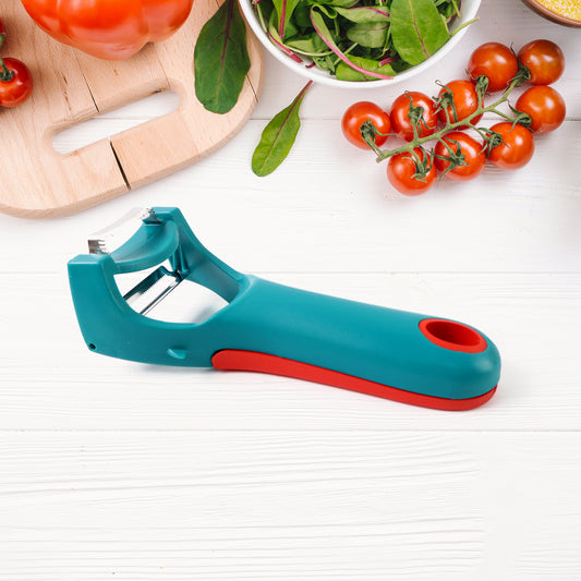 Wukusy 4-in-1 multi-functional vegetable and fruit peeler with multiple blades for peeling, slicing, and julienning in the kitchen.