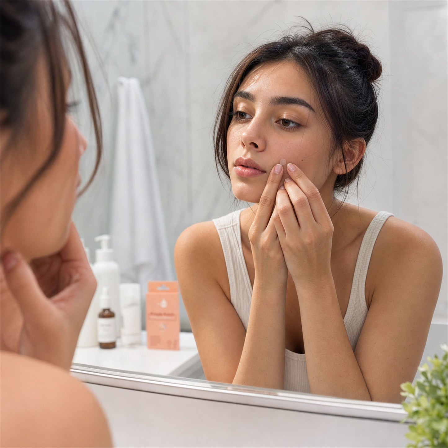 Wukusy Inlief pimple patch set with salicylic acid for acne and pimple care, displayed on clear skin with patches applied.