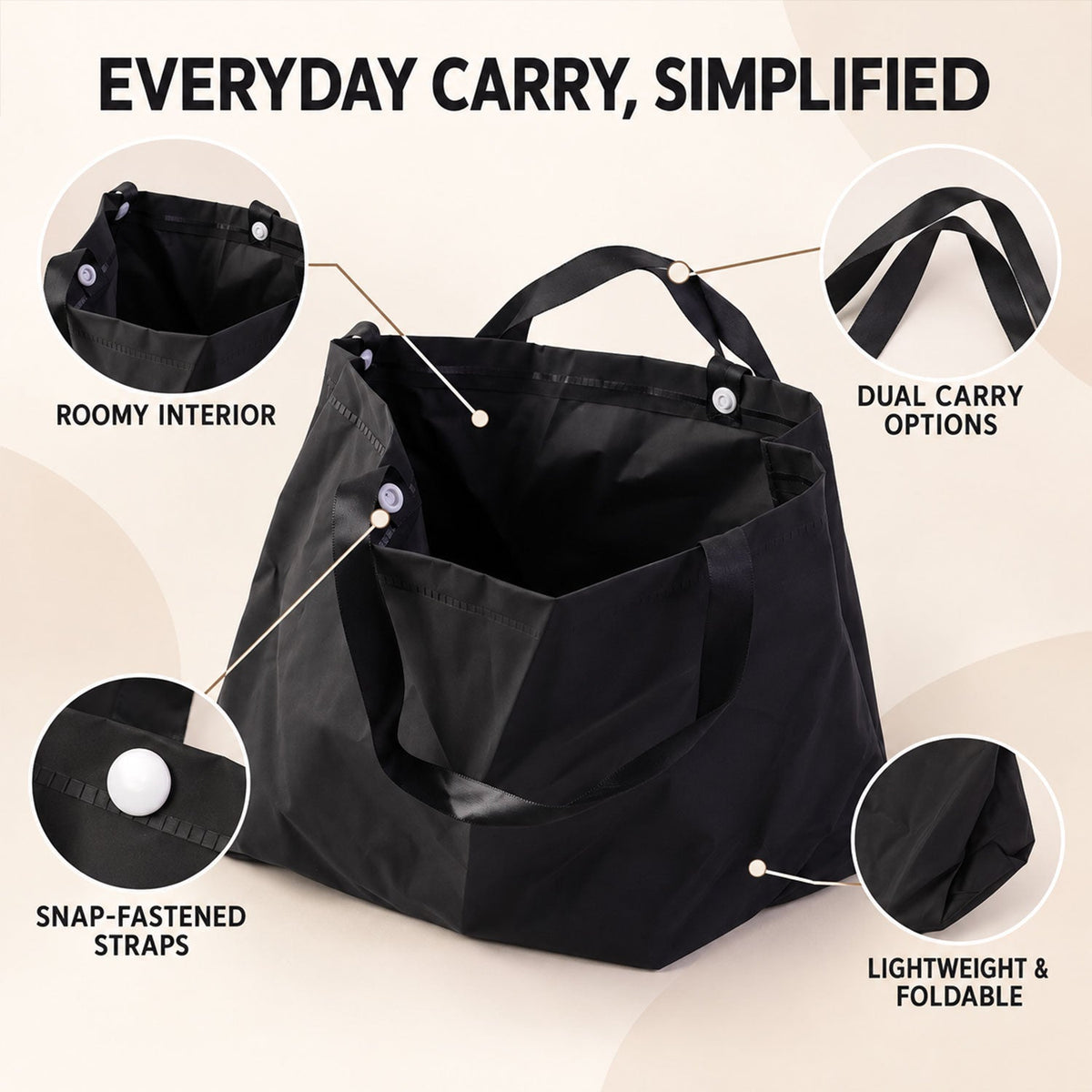 Wukusy shopping tote bag with wide carry straps, 32x23 cm, perfect for daily essentials, made of durable fabric.