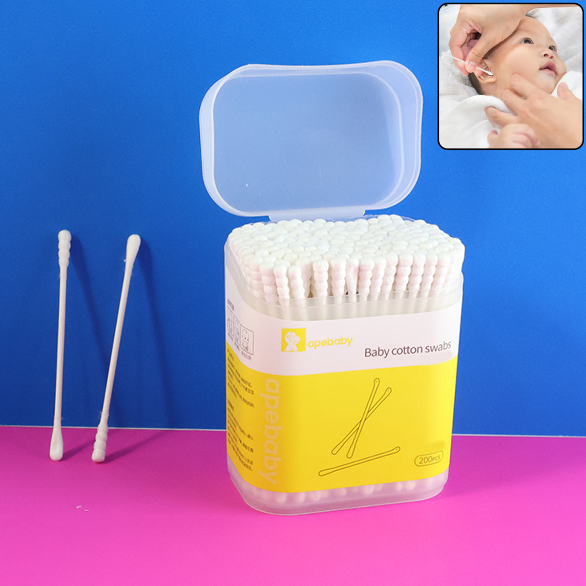Ultra-soft Wukusy baby cotton swabs, 200-piece pack, with smooth tips ideal for gentle ear and baby care.