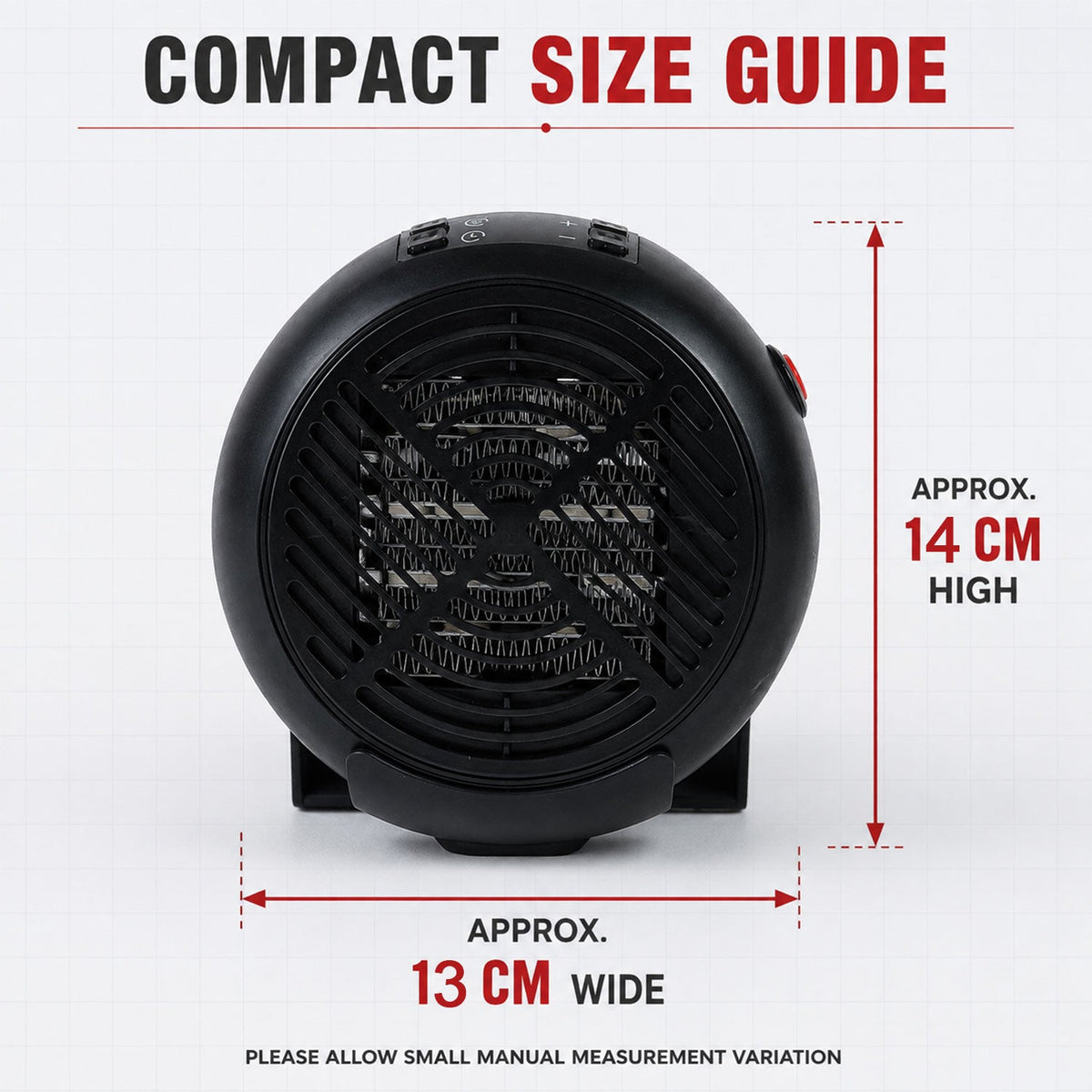 Wukusy compact electric room heater with digital temperature and timer controls, featuring a two-pin plug and adjustable settings.