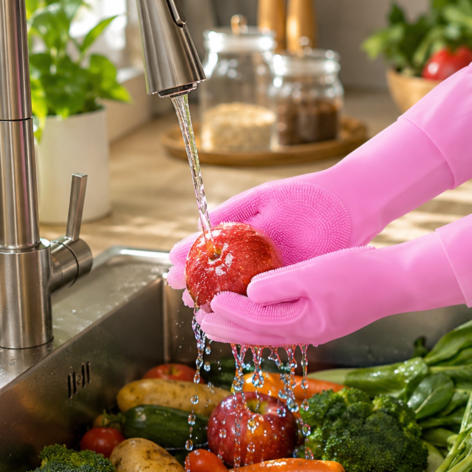 Long Cuff Silicone Scrubber Cleaning Gloves For Kitchen And Home Use (1 Pair Set)
