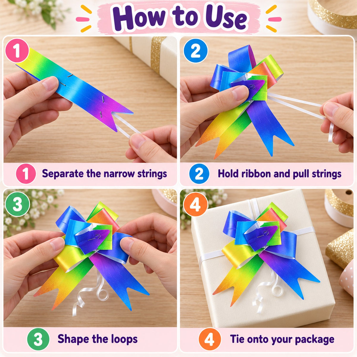 Set of five colorful pull bow ribbons from Wukusy, perfect for gift wrapping, bouquets, and hampers with vibrant, decorative bows.