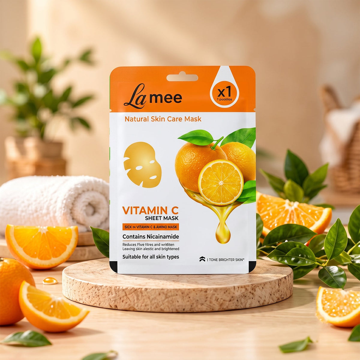 Wukusy Vitamin C facial sheet mask with niacinamide for hydrating skin, shown draped over a woman's face in skincare setting