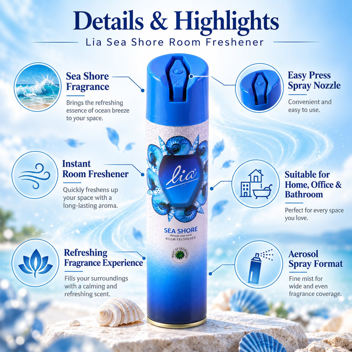 Wukusy Sea Shore room freshener aerosol spray, 224 ml can for home and office use