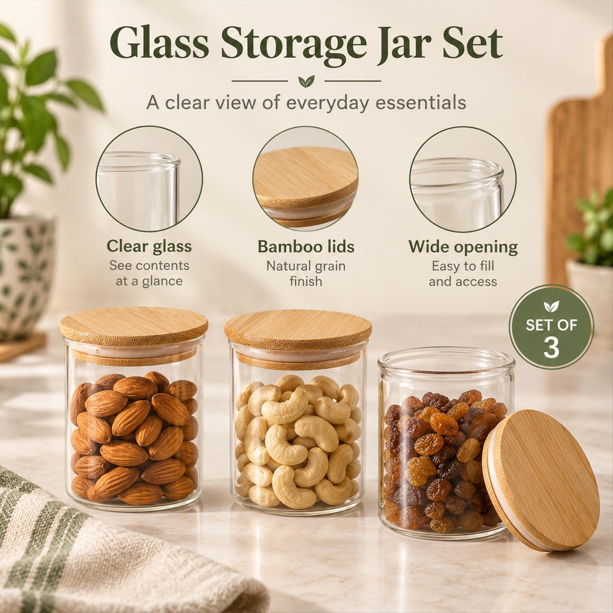 Set of three Wukusy glass storage jars with bamboo lids, perfect for kitchen organization and dry fruits.