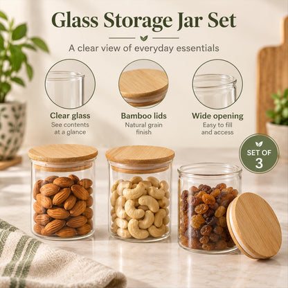 Set of three Wukusy glass storage jars with bamboo lids, perfect for kitchen organization and dry fruits.