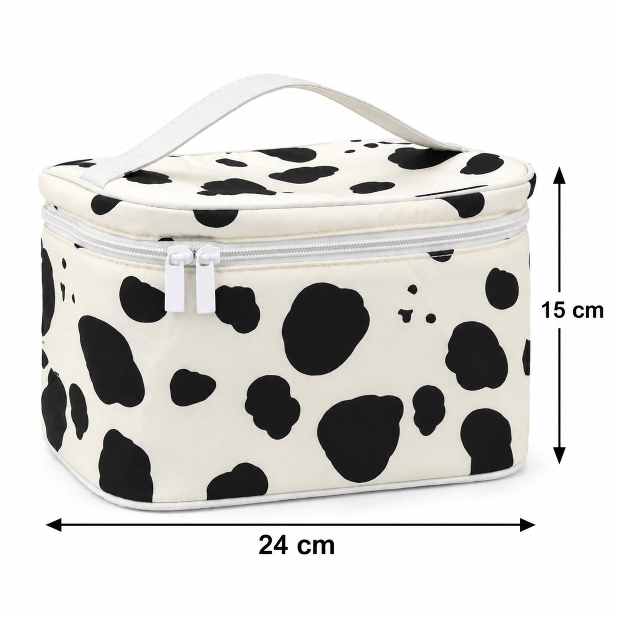 Wukusy spotted makeup zipper pouch with carry handle, 24x15 cm, ideal for travel organization and storing beauty essentials