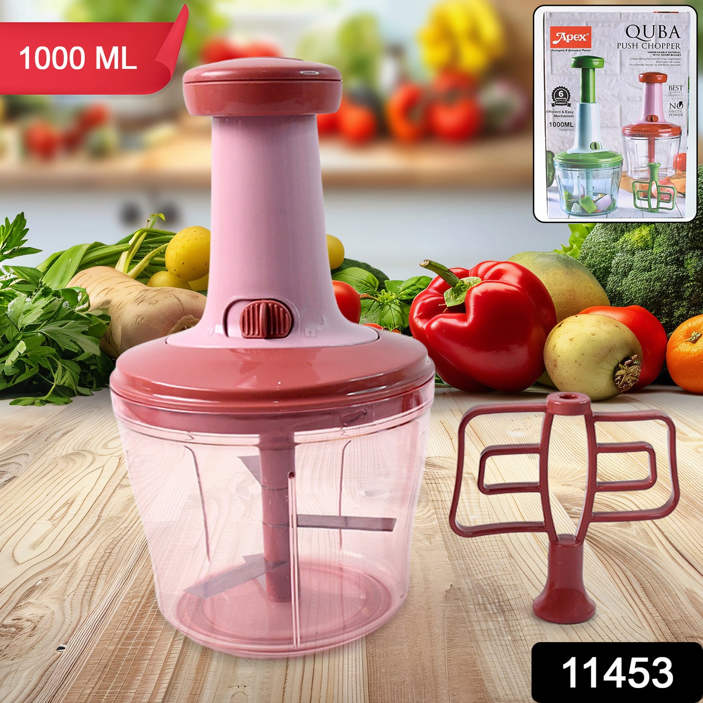 Wukusy Apex Quba Push Chopper with 1000ml capacity and stainless steel blades for efficient food chopping.