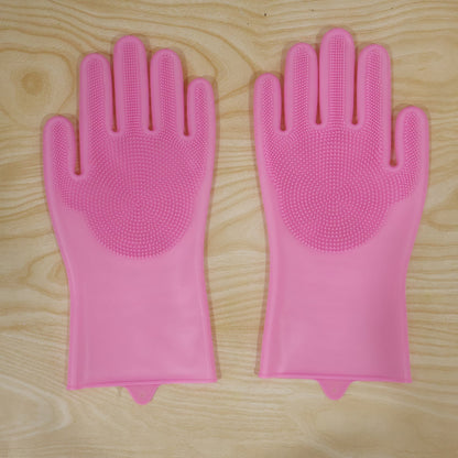 Pink Silicone Cleaning Gloves With Scrubbing Bristles For Kitchen Washing (1 Pair)