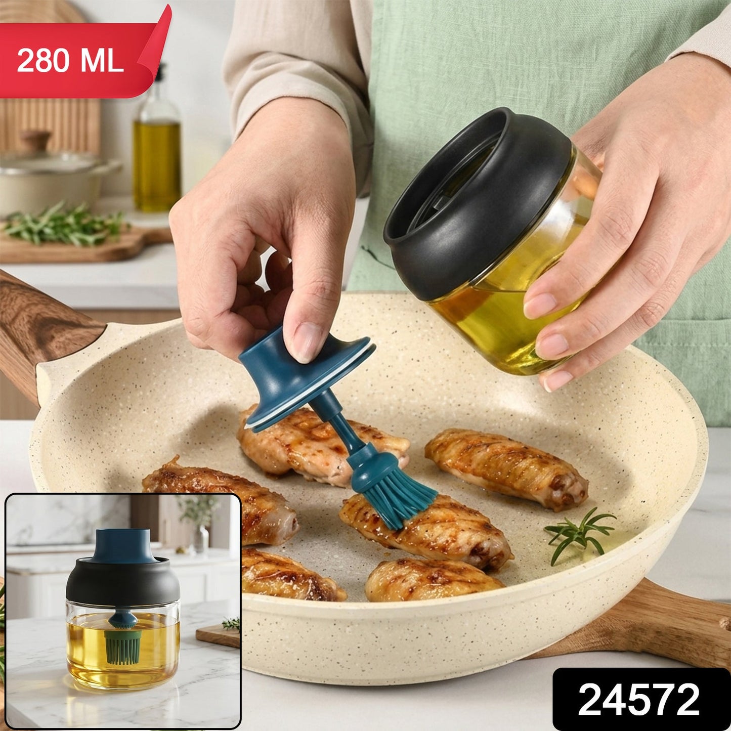 280 Ml Round Glass Oil Dispenser With Silicone Brush For Kitchen Cooking (1 Pc)