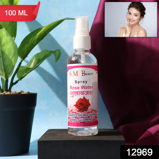 Wukusy rose water spray for face, 100ml, hydrating skin with natural rosewater in a clear spray bottle.