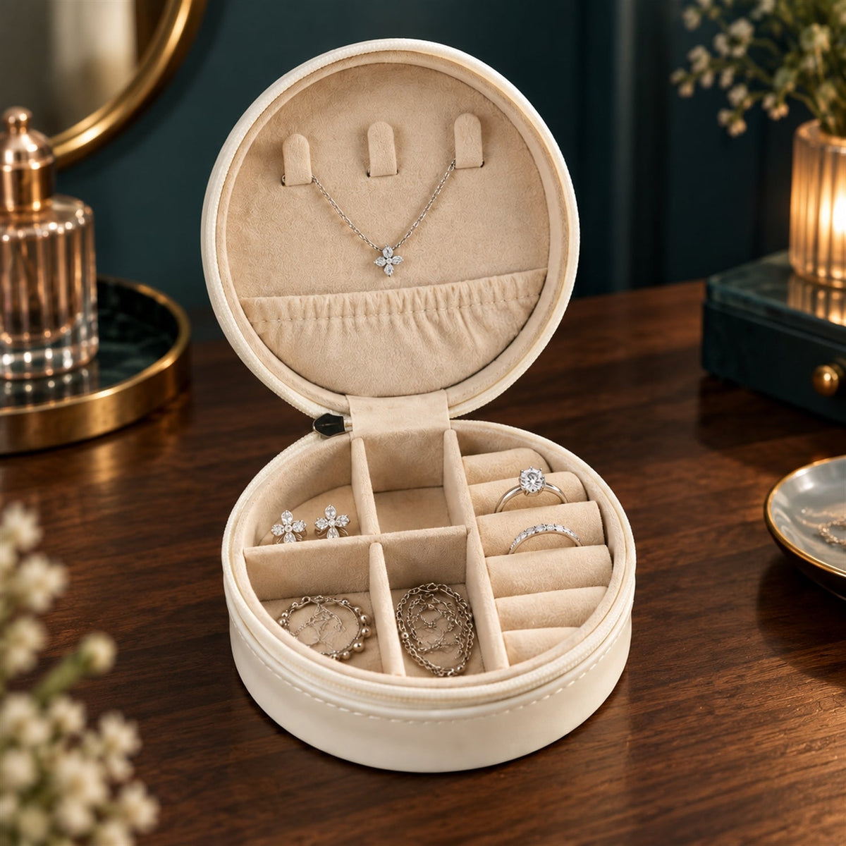 Wukusy round jewelry organizer box with ring rolls, zip closure, compact travel case for jewelry storage and protection