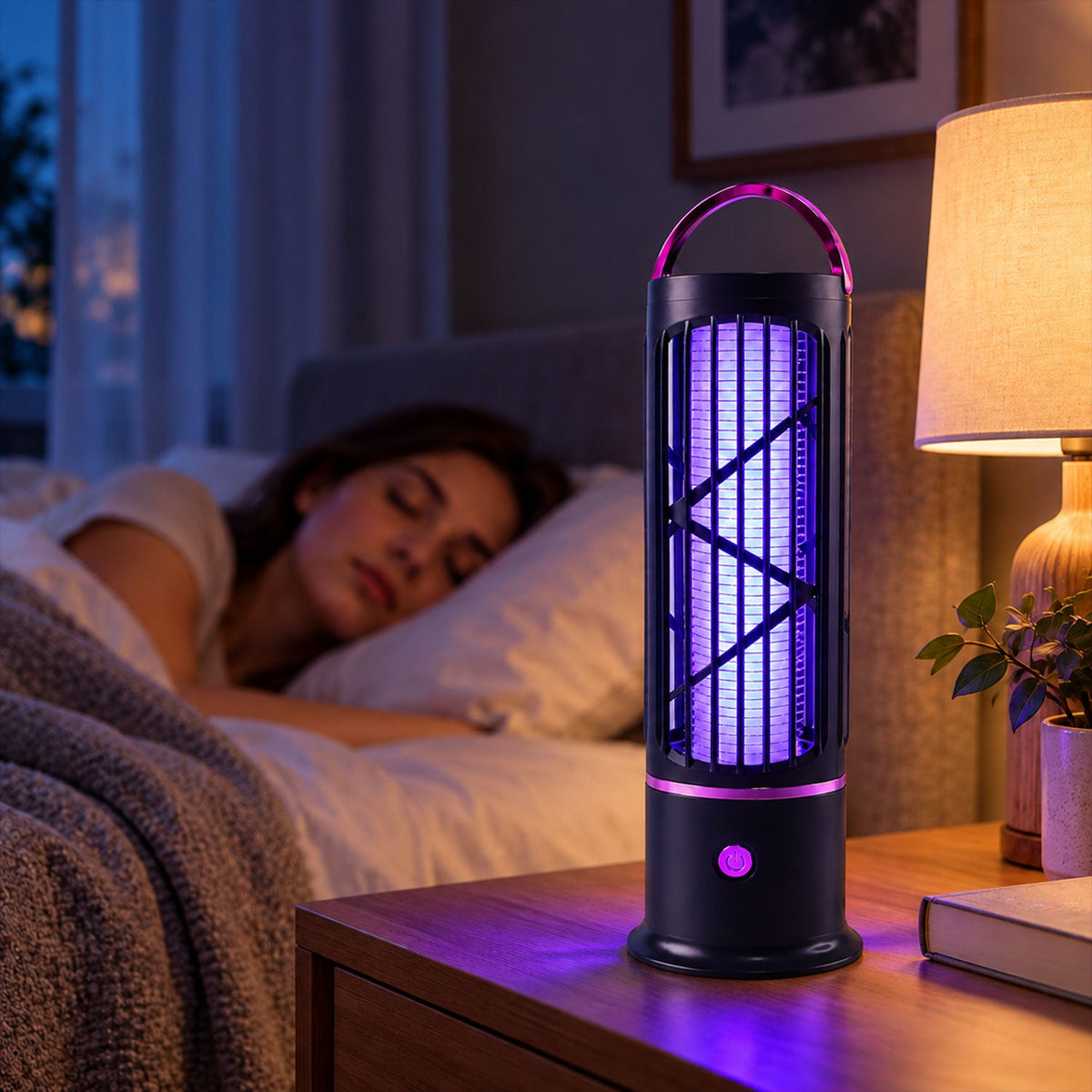 Wukusy USB-C electric mosquito killer lamp with carry handle and cleaning brush, designed to attract and eliminate mosquitoes.