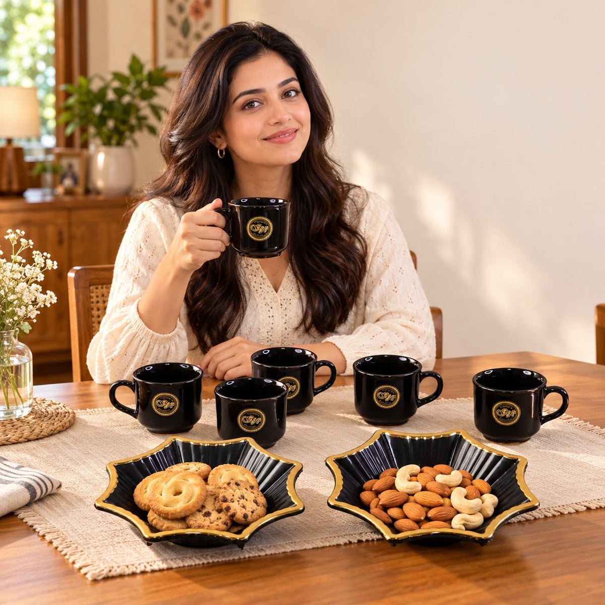 Wukusy star-shaped snack serving bowl and tea cup set with platter, 8-piece gift set for serving snacks and tea.