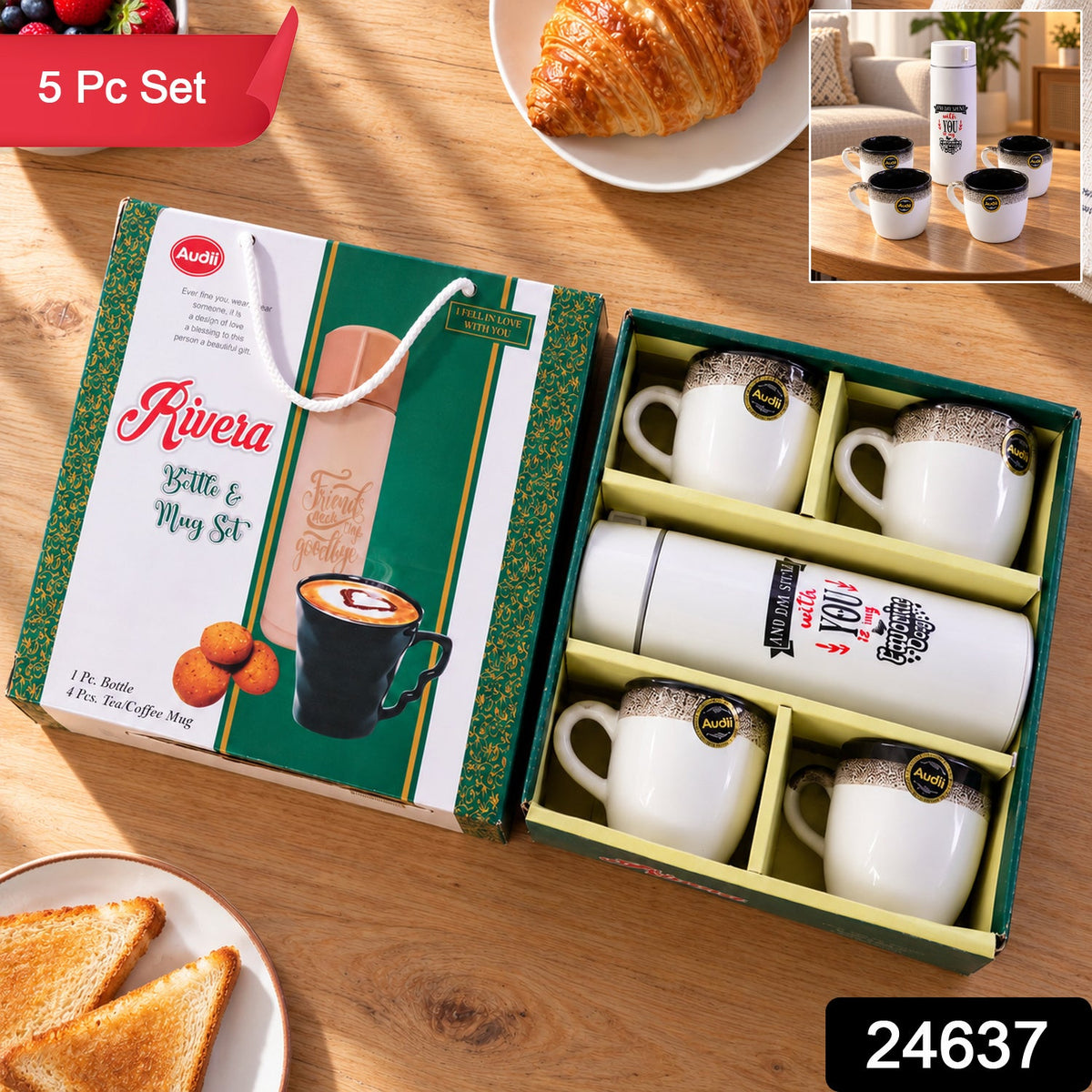 Wukusy bottle and mug gift set with one Flask bottle and four tea coffee mugs, ideal for hot and cold beverages.