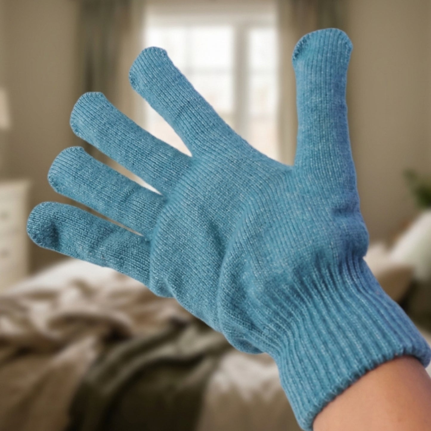Pair of soft, stretchable winter knitted gloves for men and women by Wukusy, shown in a cozy, close-up view.