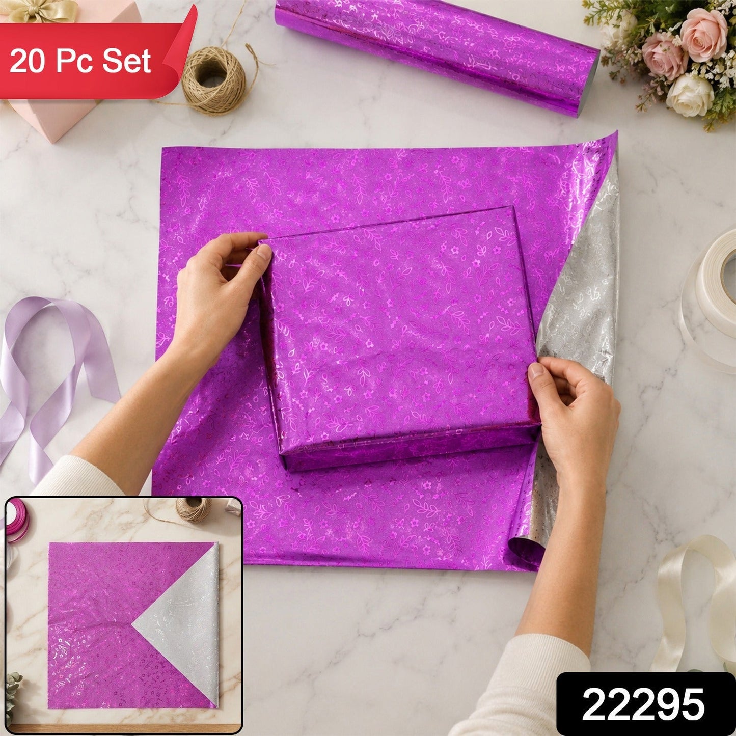 Metallic Floral Gift Wrapping Paper Sheet For Birthday And Festive Gifts (20 Pc Set)