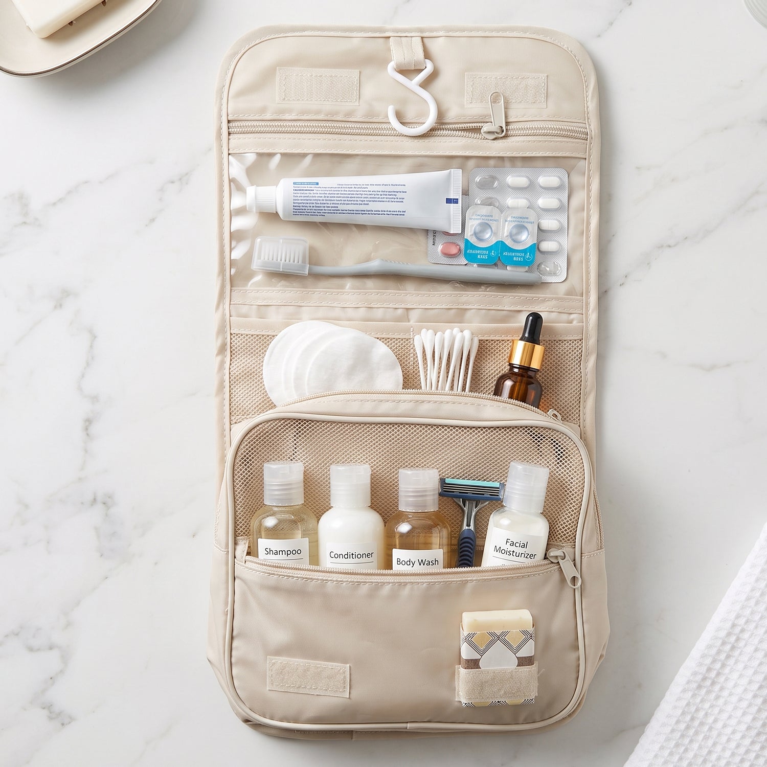 Wukusy premium foldable travel pouch bag hanging toiletry organizer kit with multiple compartments and secure zipper closure.