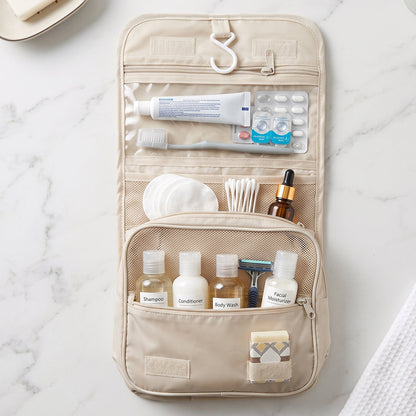 Wukusy premium foldable travel pouch bag hanging toiletry organizer kit with multiple compartments and secure zipper closure.