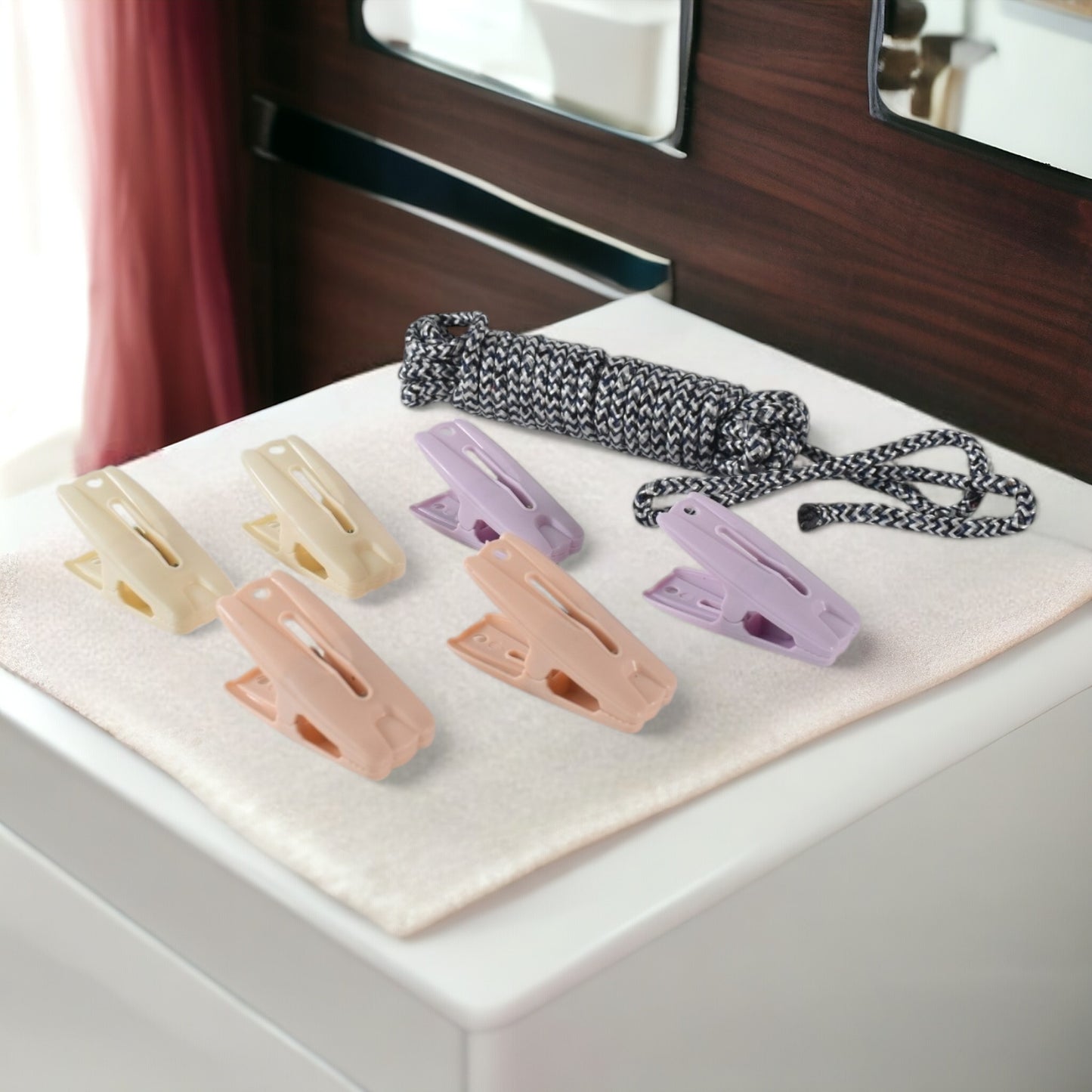 Cloth Drying Rope With Clips  Convenient And Durable Hanging Solution (7 Pc Set)