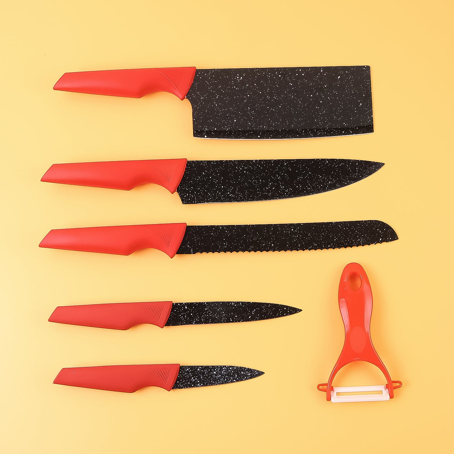 Six-piece Wukusy kitchen knife set with marble-coated blades and red handles, perfect for home and kitchen use.