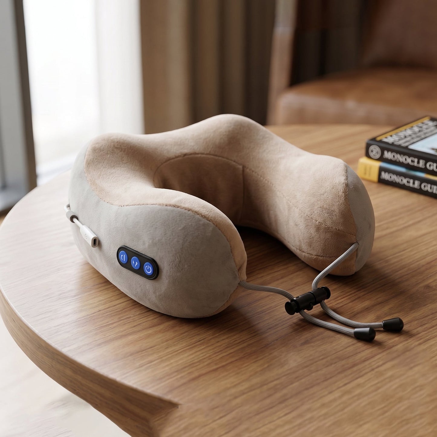 Wukusy U-shaped electric neck massage pillow showing cordless travel neck massager with cushioned U-shaped design and control buttons