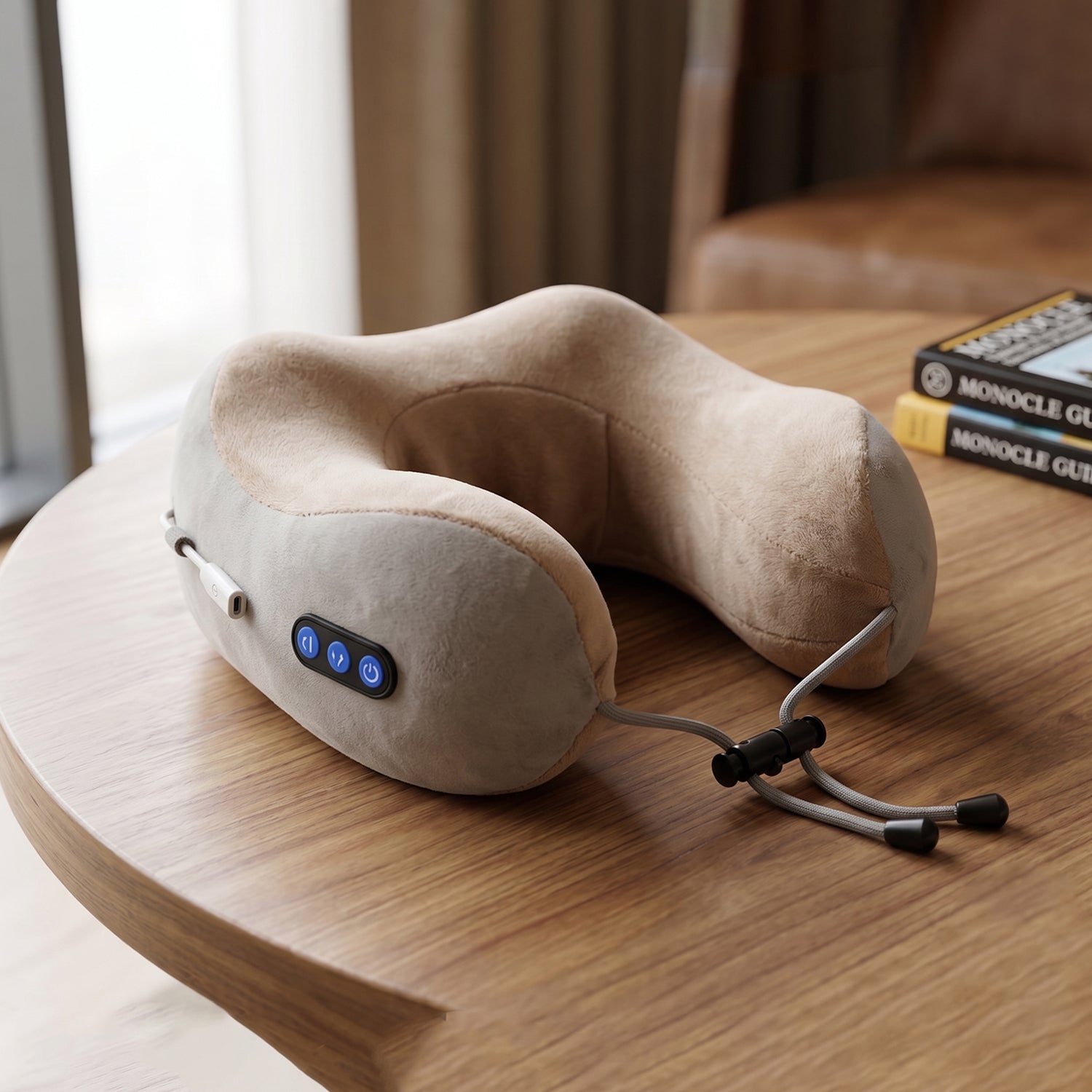 Wukusy U-shaped electric neck massage pillow showing cordless travel neck massager with cushioned U-shaped design and control buttons