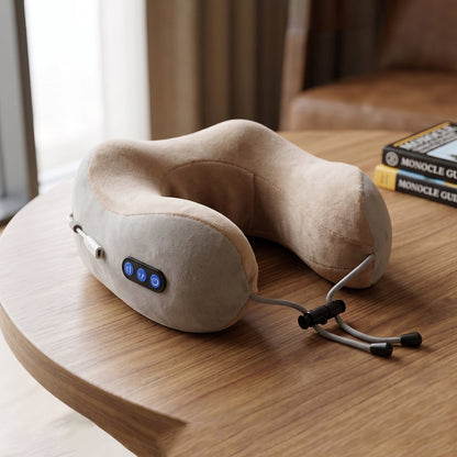 Wukusy U-shaped electric neck massage pillow showing cordless travel neck massager with cushioned U-shaped design and control buttons