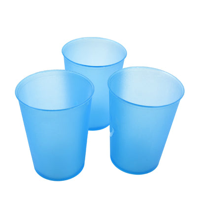 Set of three lightweight transparent plastic tumblers by Wukusy, reusable glass-style cups for water and beverages in a kitchen setting.