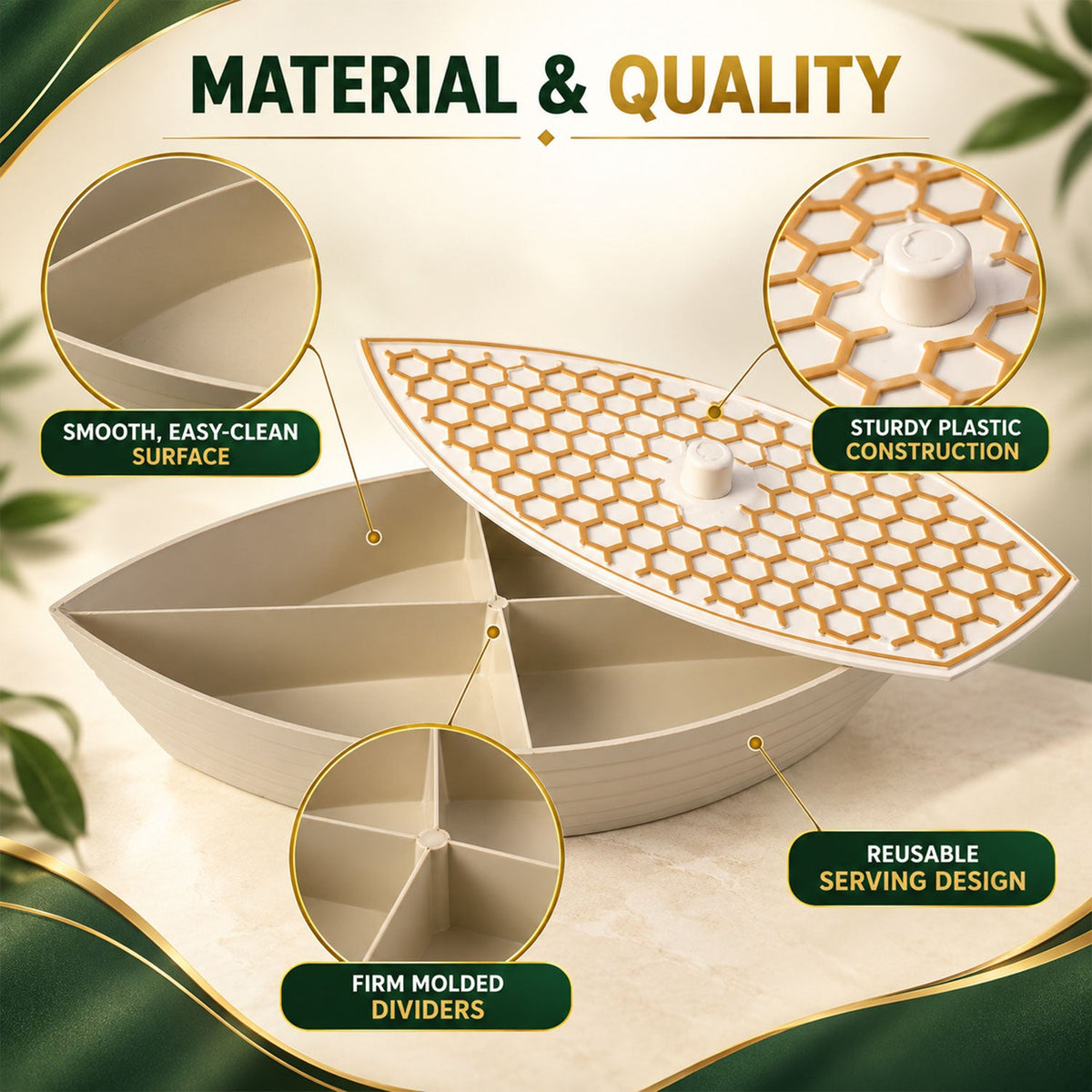 Wukusy boat-shaped dry fruit serving box with honeycomb design lid, four compartments for nuts and snacks.