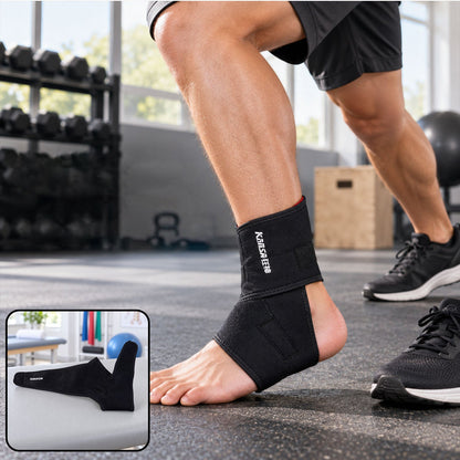 Wukusy adjustable ankle support brace with wrap strap, designed for everyday comfort and secure fit, shown on a white background.