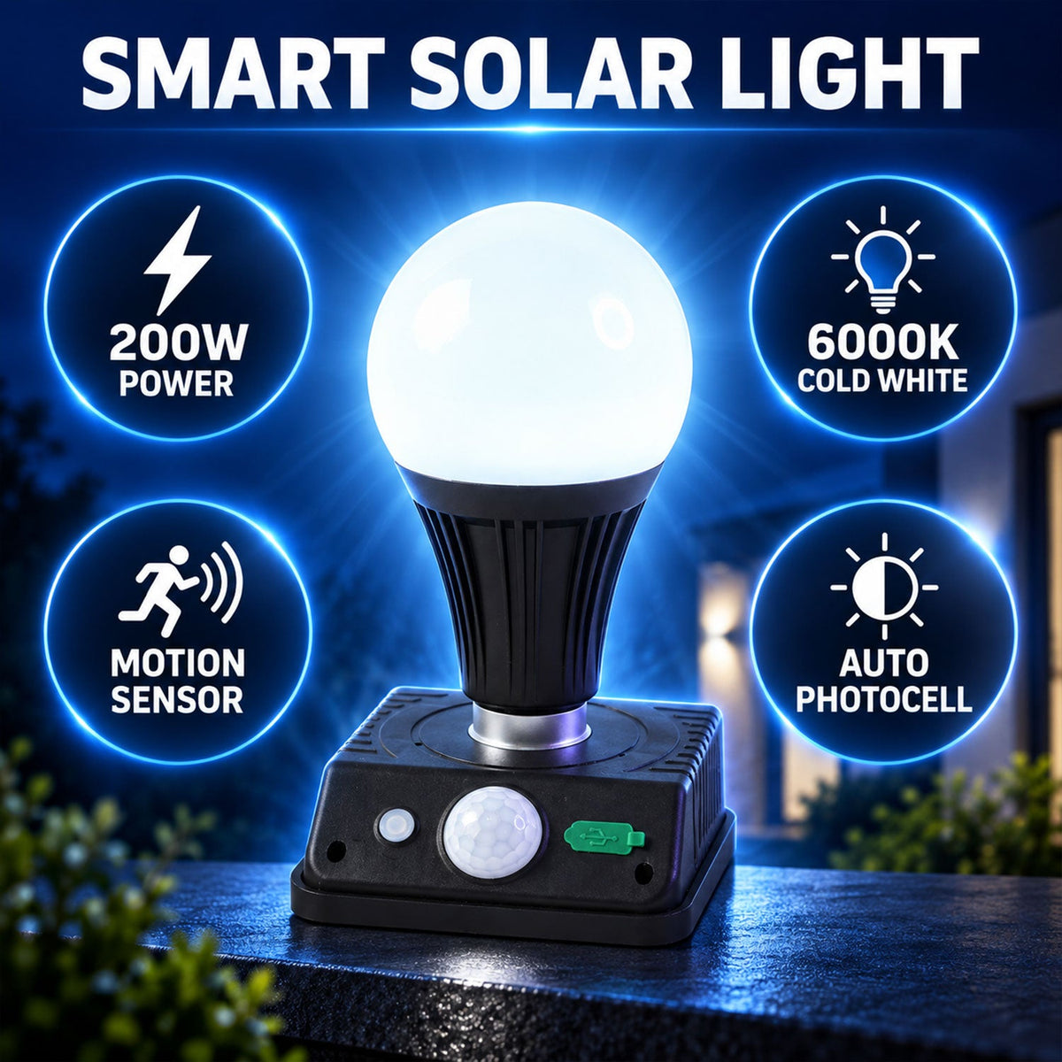 Wukusy solar motion sensor wall light with frosted bulb illuminating porch or garden area at night.