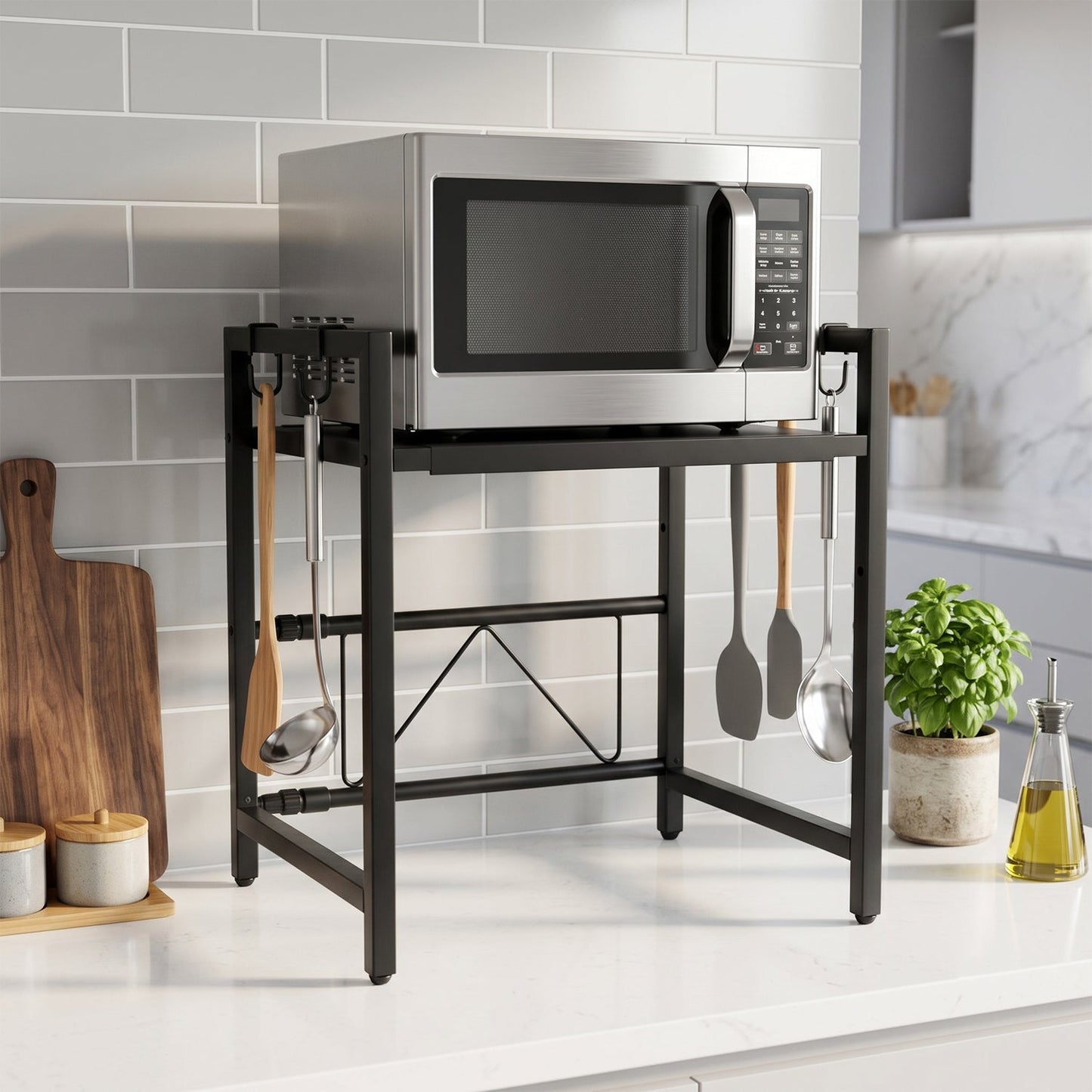 Adjustable Microwave Oven Storage Rack Metal Kitchen Shelf With Hooks (1 Pc)