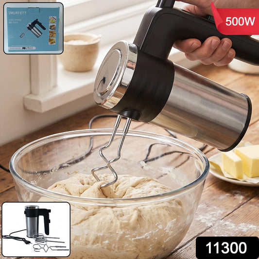 Wukusy 500W electric hand mixer with beaters and dough hooks for baking and cake mixing, shown with attachments in use.