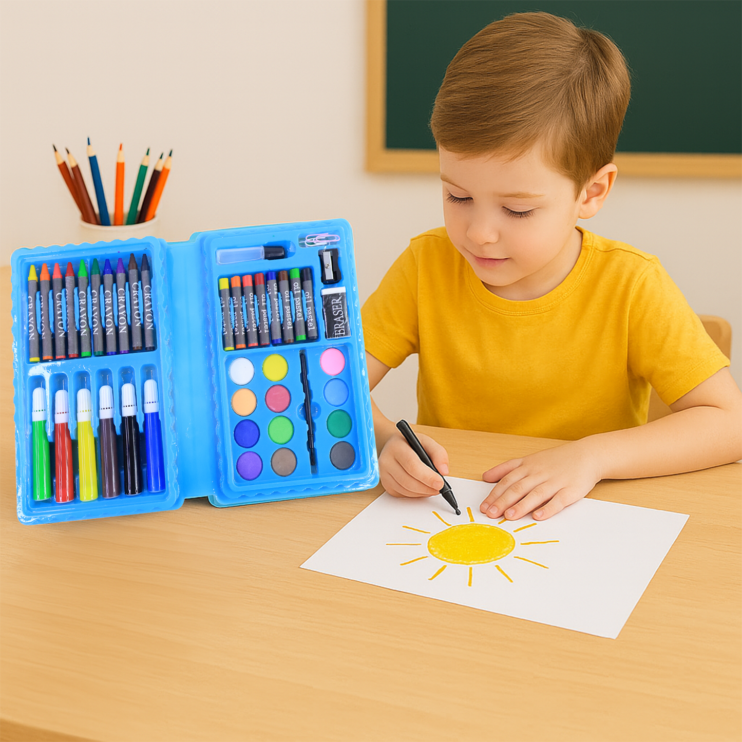 Wukusy 42-piece kids art and craft stationery set with colorful markers, crayons, scissors, and paper in a storage box for children.