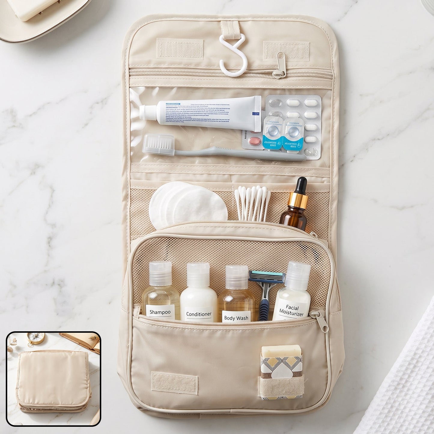 Wukusy premium foldable travel pouch bag with hanging toiletry organizer, compact and spacious for toiletries and personal items.